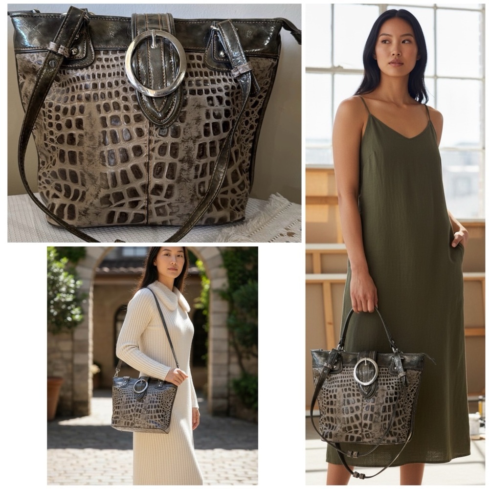 Vintage Y2K FALL M.C. Statement Crocodile Pattern Bag Brown, Green and Silver.